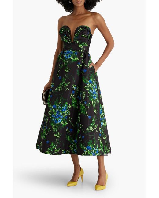 Carolina Herrera Green Strapless Floral-print Faille Midi Dress