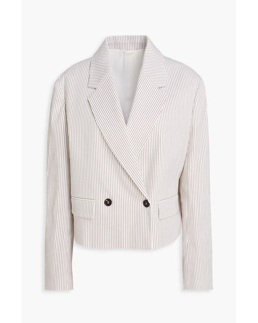 Brunello Cucinelli White Double-Breasted Striped Linen-Blend Blazer