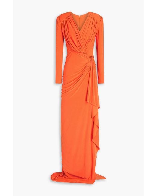 Rhea Costa Orange Wrap-effect Draped Satin-jersey Gown