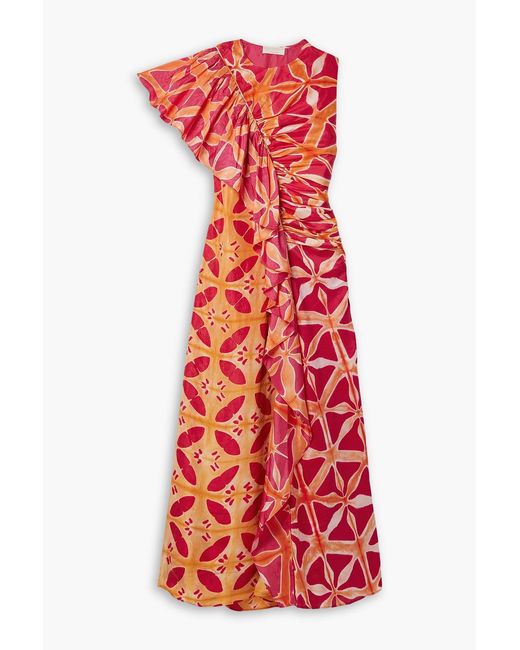 Ulla Johnson Red Lali Ruched Ruffled Printed Silk Maxi Dress