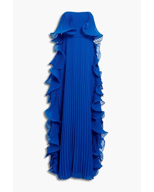 Badgley Mischka Blue Strapless Ruffled Chiffon Gown