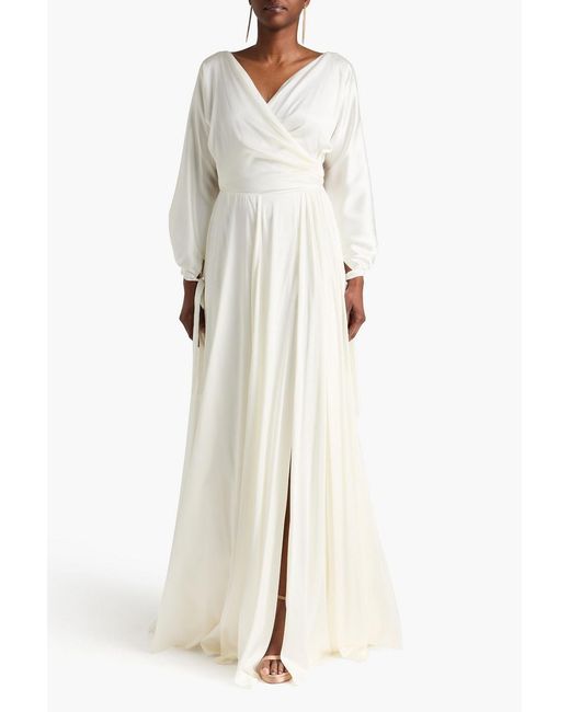 Rhea Costa White Wrap-effect Satin Gown