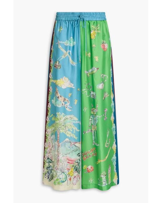 ALÉMAIS Green Daria Printed Silk-Twill Wide-Leg Pants