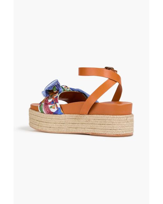 Farm Rio Brown Printed Satin And Leather Platform Sandals