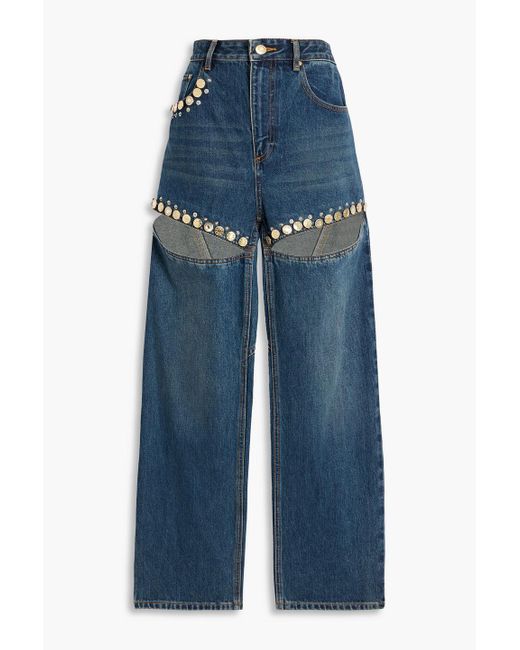 Area Blue Cutout Embellished High-Rise Wide-Leg Jeans