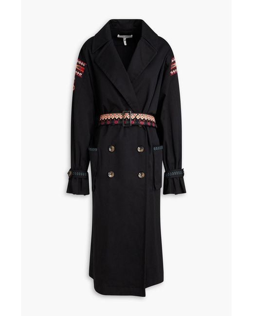 Saloni Black Embroidered Cotton-Blend Twill Trench Coat