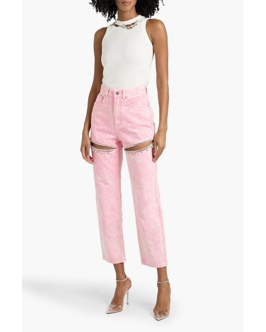 Area Pink Cutout Crystal-Embellished High-Rise Straight-Leg Jeans