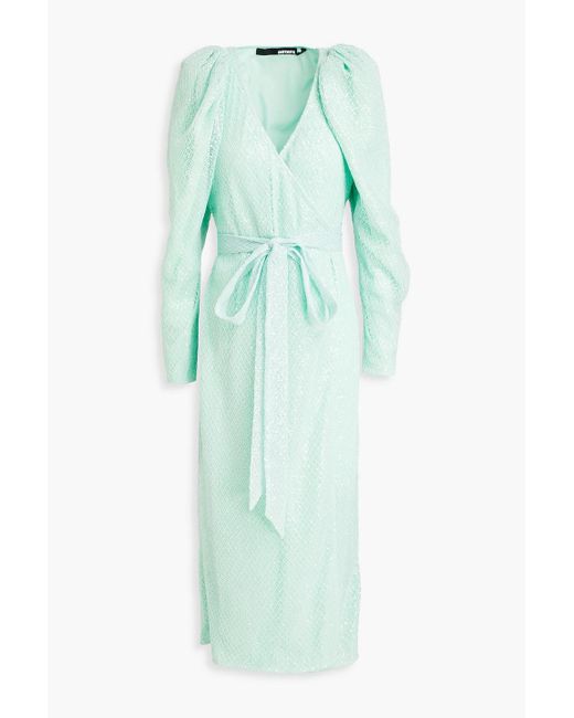 ROTATE BIRGER CHRISTENSEN Blue Sequined Corded Lace Midi Wrap Dress