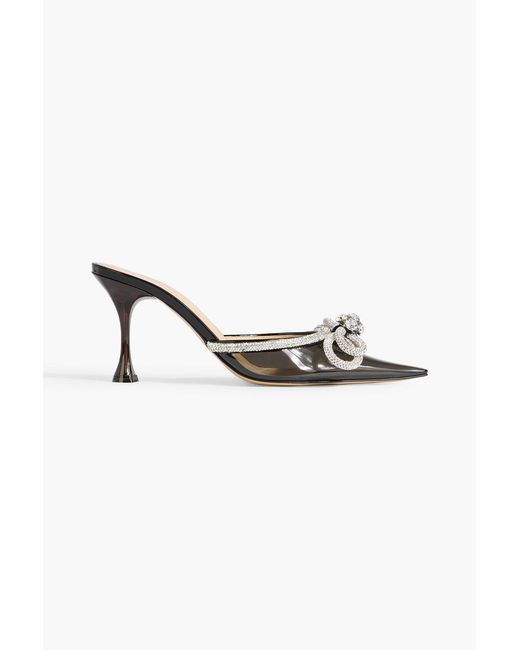 Mach & Mach Metallic Double Bow Crystal-embellished Leather And Pvc Mules