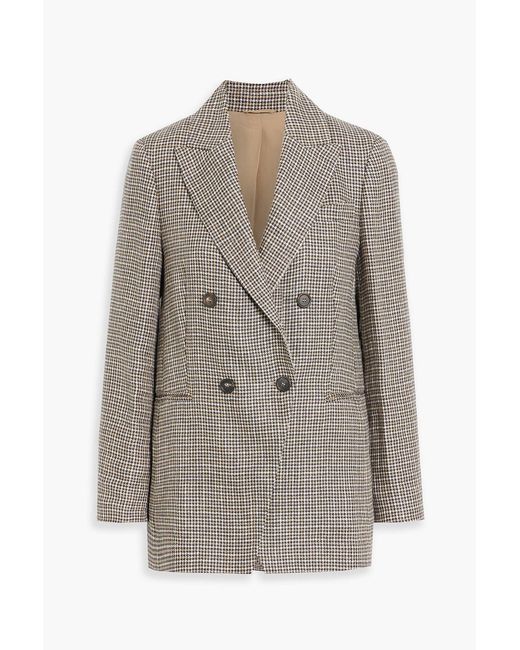 Brunello Cucinelli Gray Double-breasted Houndstooth Linen-blend Blazer