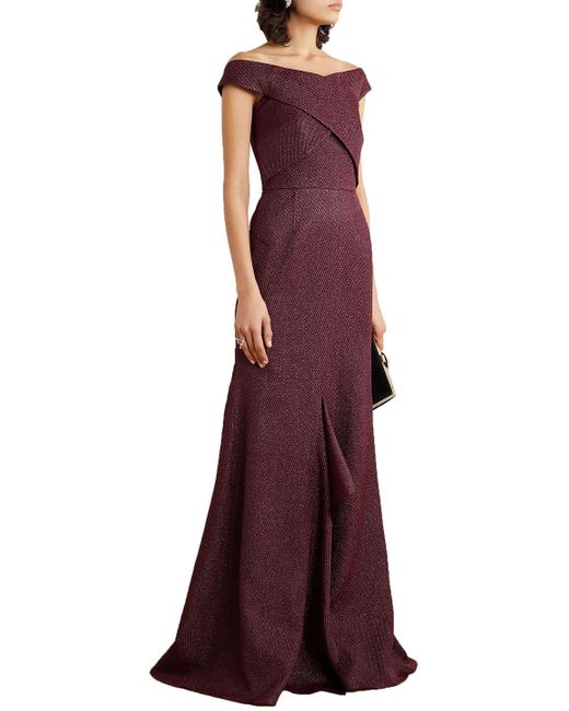 Roland Mouret Purple Ray Off-the-shoulder Metallic Piqué Gown
