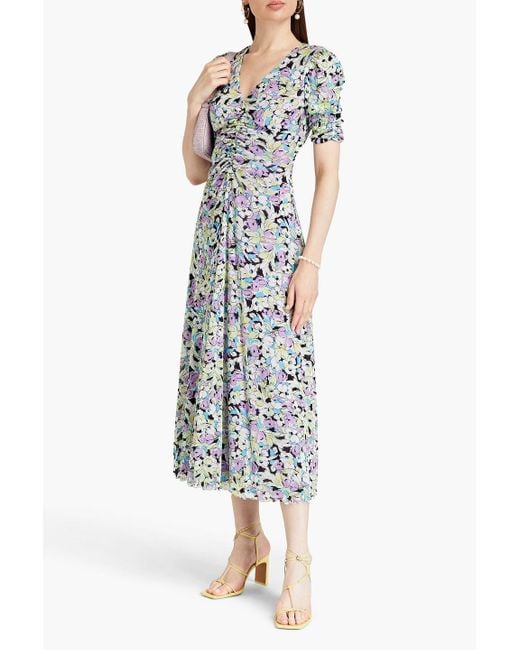 Diane von Furstenberg White Koren Reversible Ruched Floral-print Stretch-mesh Midi Dress