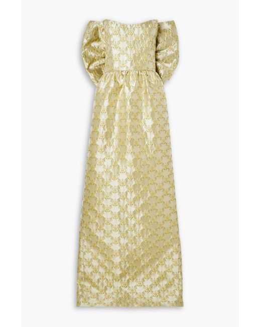 Markarian Yellow Evora Strapless Bow-detailed Metallic Floral-brocade Gown