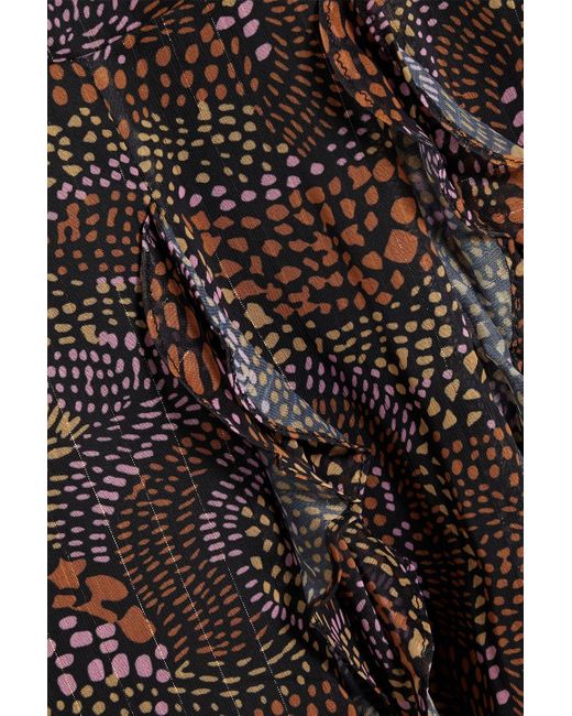 Mikael Aghal Brown Ruffled Metallic Printed Crepe De Chine Midi Dress