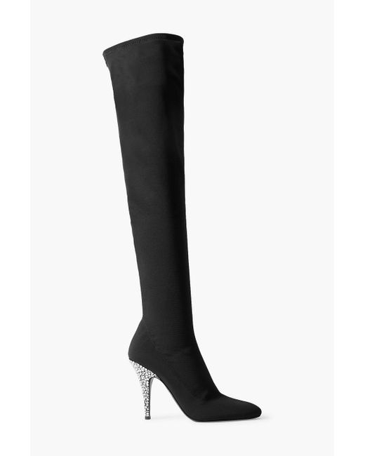 Giuseppe Zanotti Black Calixtee Cuissarde Crystal-embellished Leather-trimmed Mesh Thigh Boots