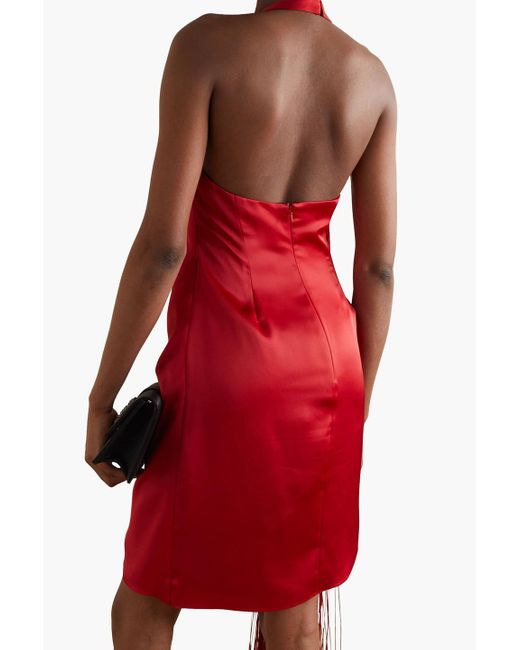 Halpern Red Draped Fringed Duchesse-satin Halterneck Mini Dress