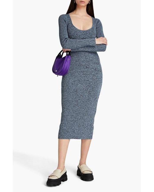 Ganni Blue Mélange Ribbed-knit Midi Dress