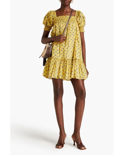 Tory Burch Yellow Ruffled Floral-print Cotton-mousseline Mini Dress
