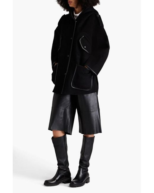 Maje Black Faux Leather-trimmed Felt Hooded Jacket