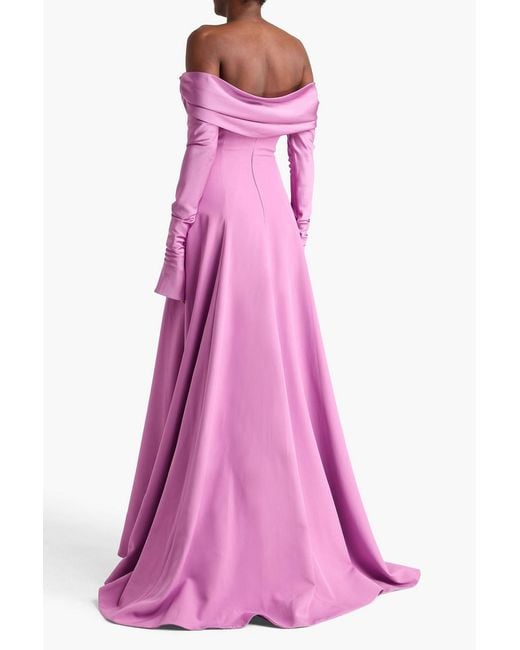 Rhea Costa Pink Raven Off-The-Shoulder Draped Satin-Trimmed Crepe Gown