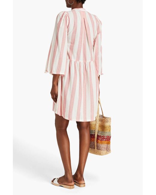 Stella Nova Pink Lara Gathered Striped Cotton Mini Shirt Dress