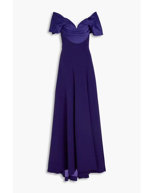 Rhea Costa Purple Off-the-shoulder Draped Satin-trimmed Crepe Gown