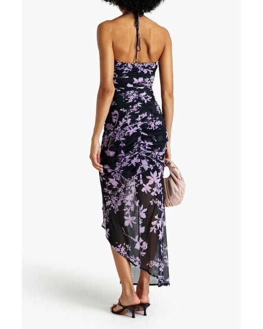 Nicholas Blue Off-the-shoulder Floral-print Stretch-mesh Maxi Dress