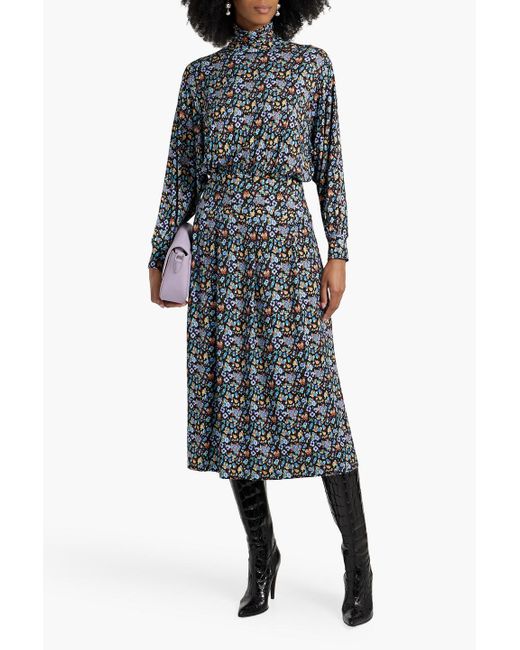 Rixo Gray Marina Floral-print Jersey Turtleneck Midi Dress