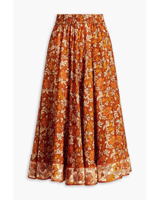Zimmermann Orange Floral-print Silk Midi Skirt