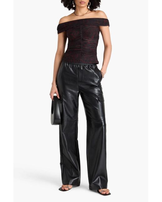 Ganni Black Off-The-Shoulder Ruched Leopard-Print Mesh Top
