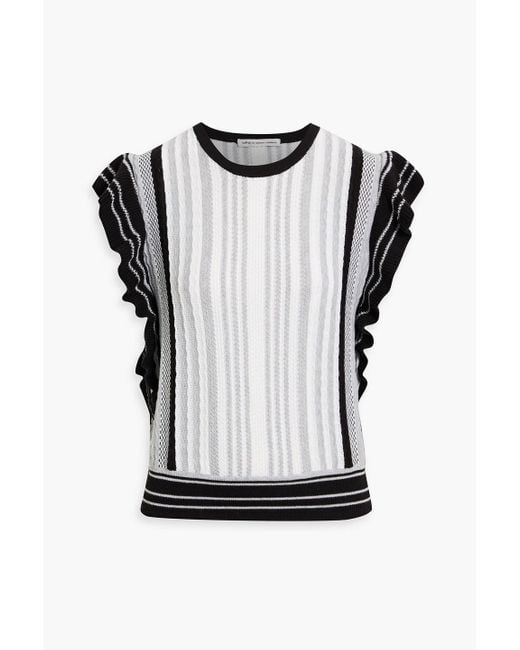 Autumn Cashmere Black Ruffled Striped Jacquard-Knit Cotton Top