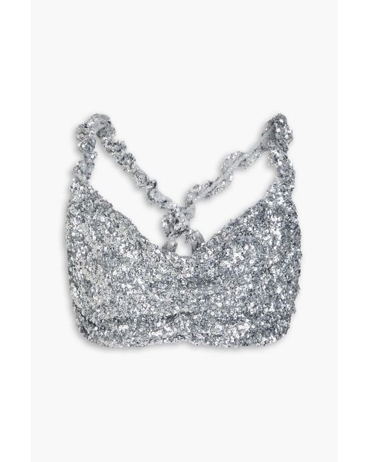 Ganni Gray Cropped Sequined Mesh Top