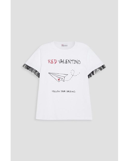 RED Valentino White Embroidered Printed Cotton-jersey T-shirt