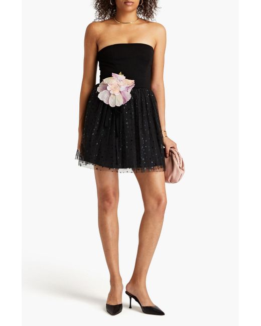 RED Valentino Black Strapless Floral-appliquéd Printed Tulle And Crepe Mini Dress