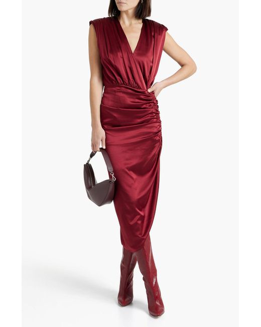 Veronica Beard Red Casela Wrap-effect Ruched Stretch-silk Satin Midi Dress