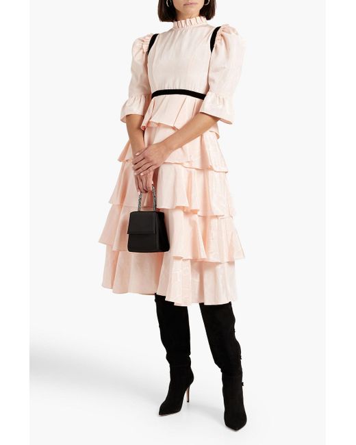 BATSHEVA Pink Simone Tiered Ruffled Moire Midi Dress