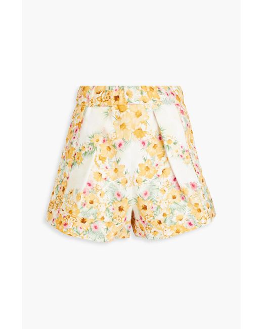 Maje Metallic Pleated Floral-print Cotton Shorts