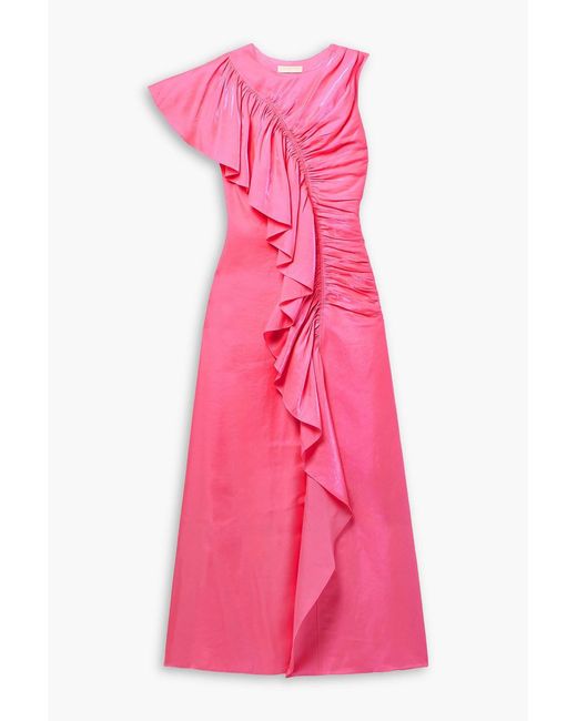 Ulla Johnson Pink Lali Ruched Ruffled Metallic Chiffon Gown
