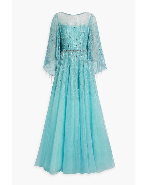 Jenny Packham Blue Hestia Cape-effect Embellished Tulle Gown