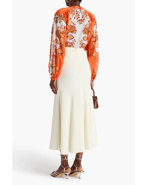 Farm Rio Orange Cutout Floral-Print Cotton-Voile Blouse