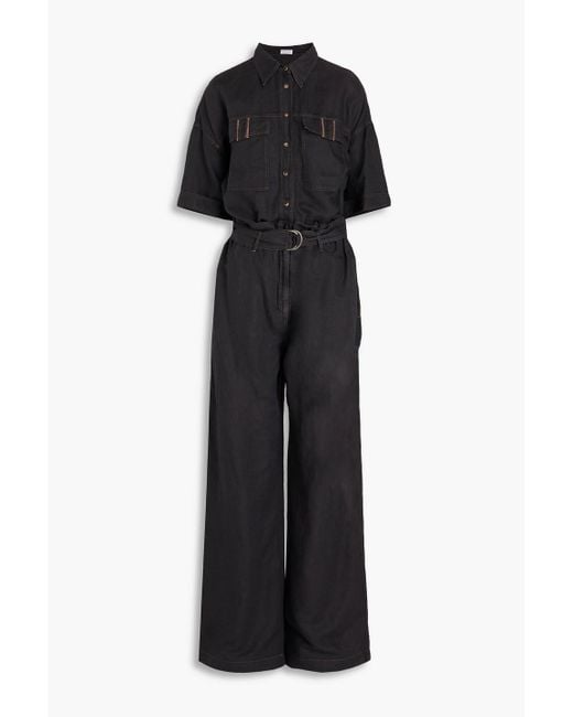 Brunello Cucinelli Black Bead-embellished Linen And Cotton-blend Jumpsuit