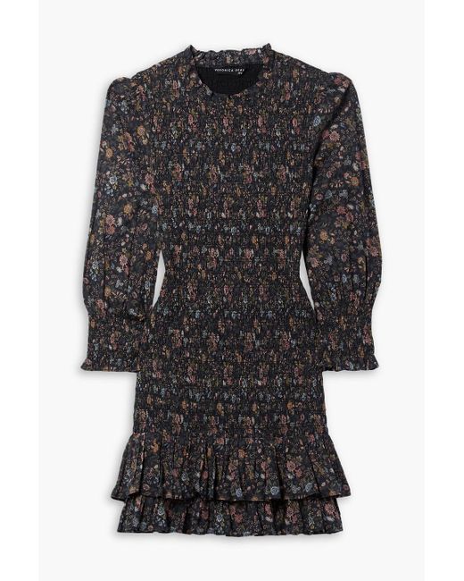 Veronica Beard Black Farha Shirred Floral-print Cotton-voile Mini Dress