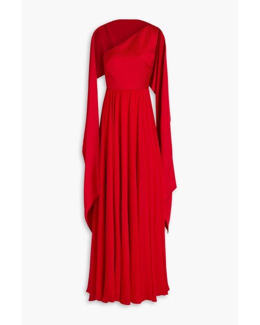 Badgley Mischka Red One-shoulder Georgette-paneled Satin Gown