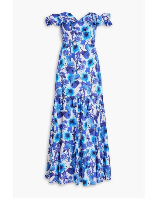 Borgo De Nor Blue Jazella Off-the-shoulder Ruffled Floral-print Cotton Maxi Dress