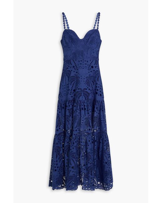 Farm Rio Blue Tiered Broderie Anglaise Cotton Midi Dress