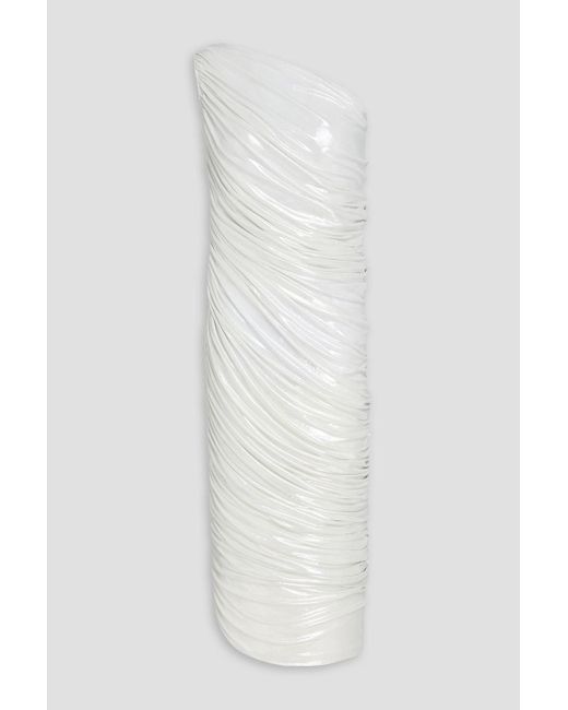 Norma Kamali White Diana One-Shoulder Ruched Metallic Stretch-Jersey Gown