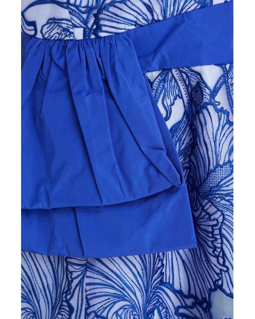 Marchesa Blue Strapless Taffeta-paneled Embroidered Tulle Midi Dress