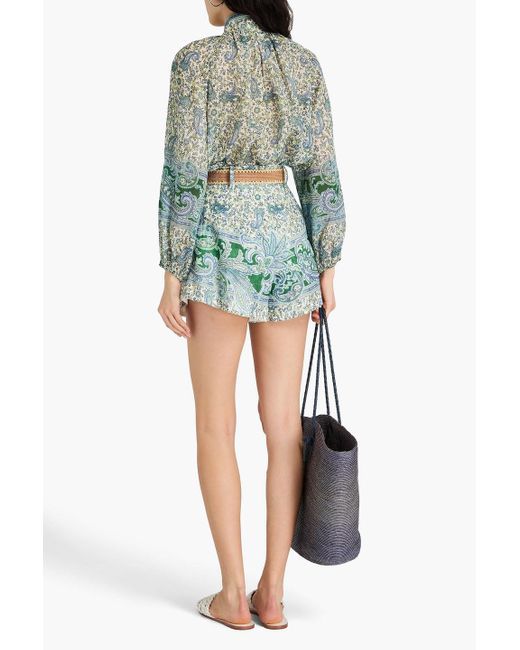 Zimmermann Green Ottie Paisley Print Belted Linen Shorts