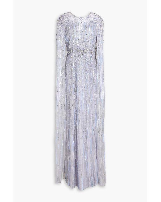 Jenny Packham Blue Ruby Cape-Effect Embellished Tulle Gown