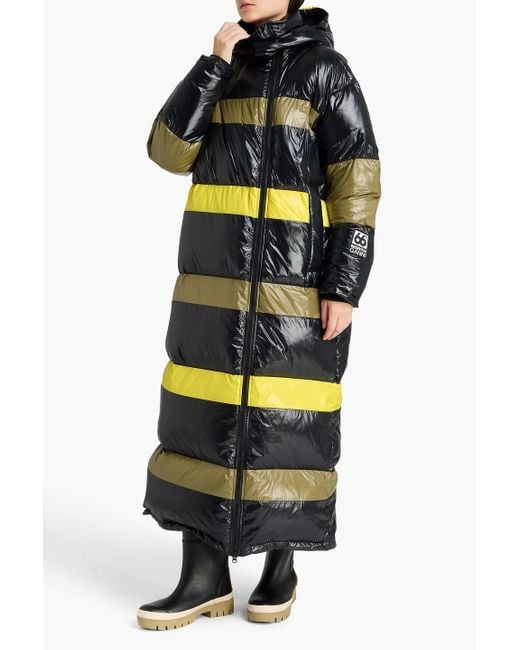 Ganni Black Askja Quilted Striped Shell Hooded Down Coat